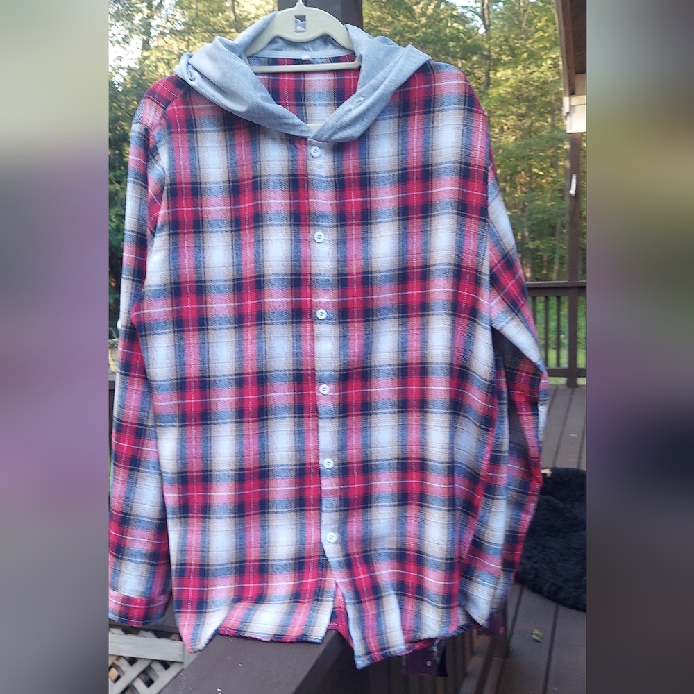 Womens Plaid Long Sleeve Button Up Hoodie Top Womens Sz L